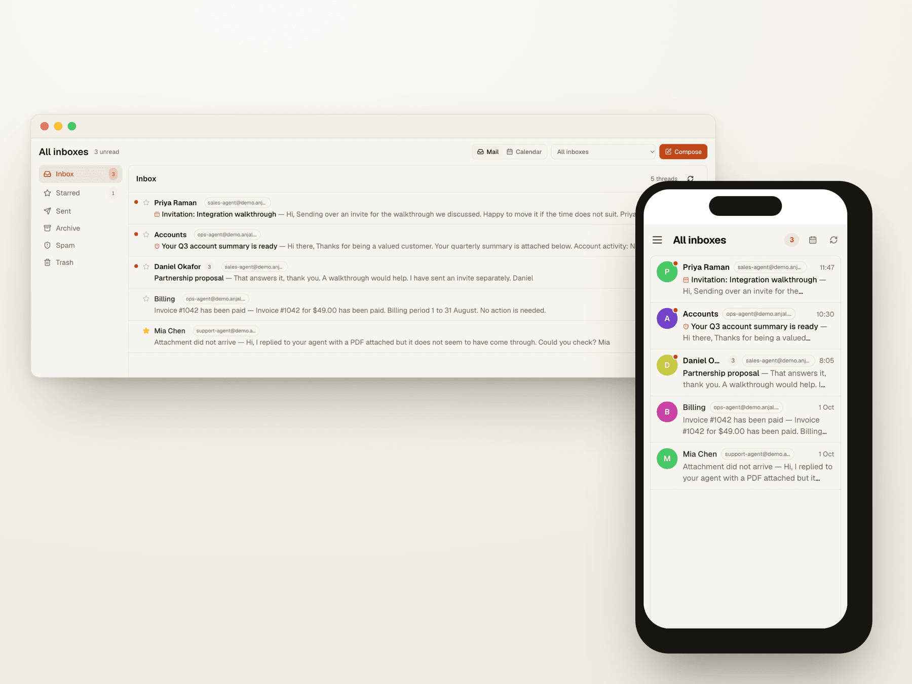 The Anjal mail app on macOS alongside the same inbox on iPhone